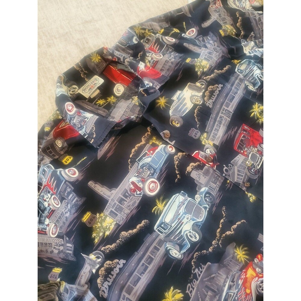 Button Down Short Sleeve Shirt Vintage Cars Roadsters Hot Rod Mens 2X Large